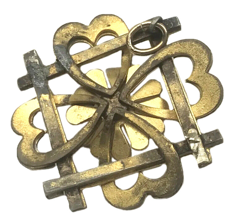 Antique Victorian Etruscan Necklace Pendant Rhinestone Etched Hearts Flower