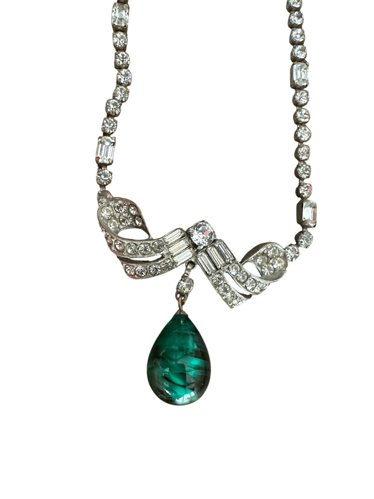 Vintage Schoffel 16″ Rhinestone & Faux Cabochon Emerald Green Necklace 1930s