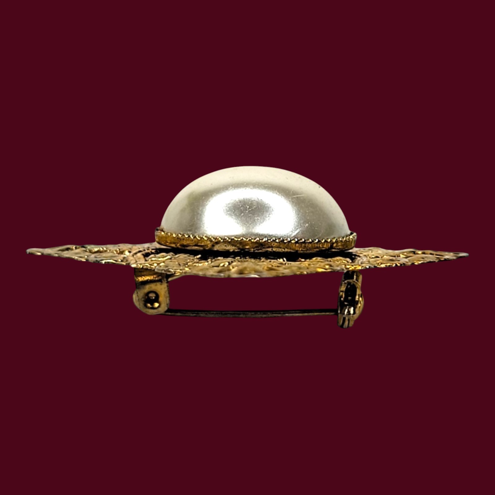 Filigree Brooch Pin Vintage Large Oval Simulated Pearl Gold Tone Diamond Shape