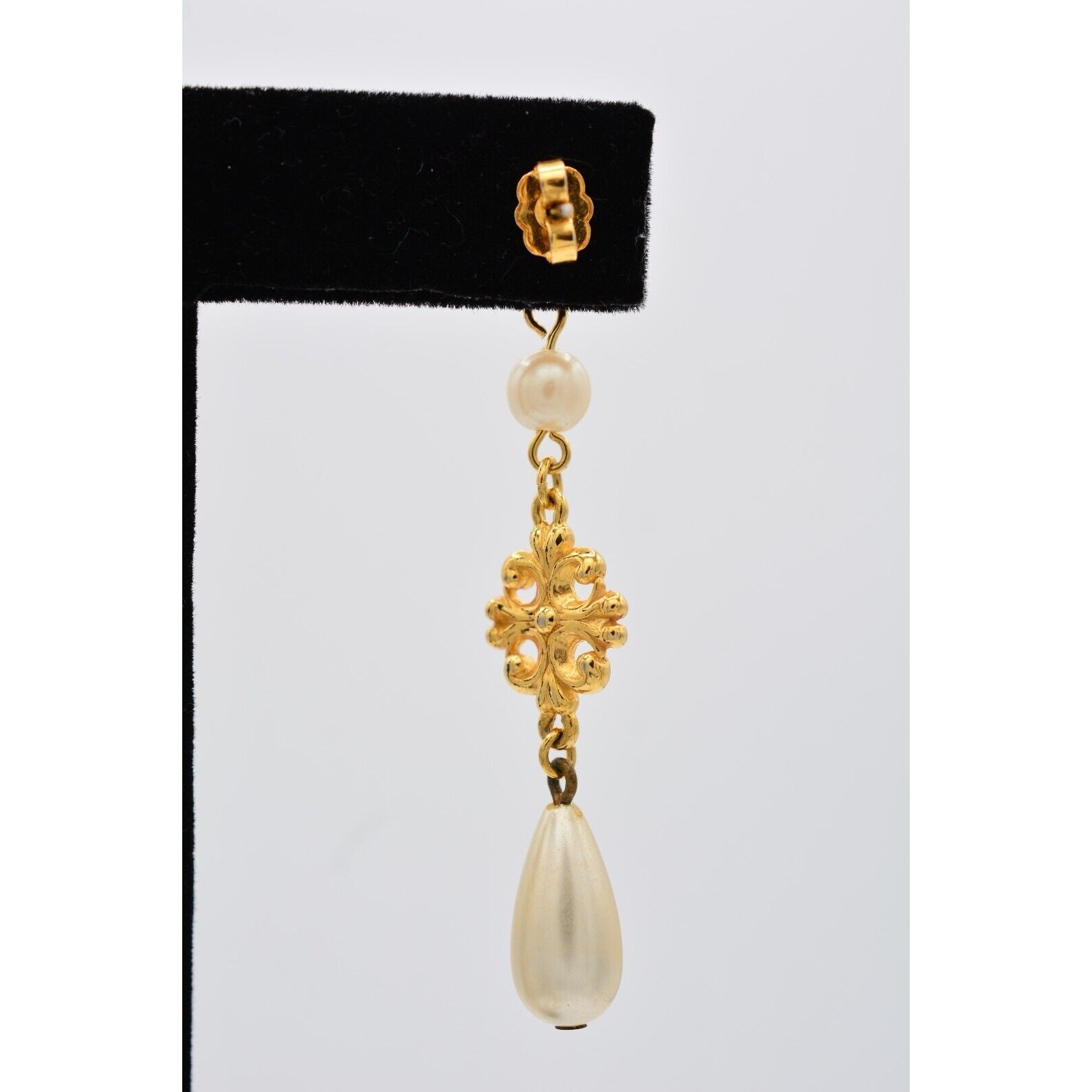 Vintage Dangle Drop Pearl Earrings Gold Tone Lightweight 2.25″ 1980s BinAV