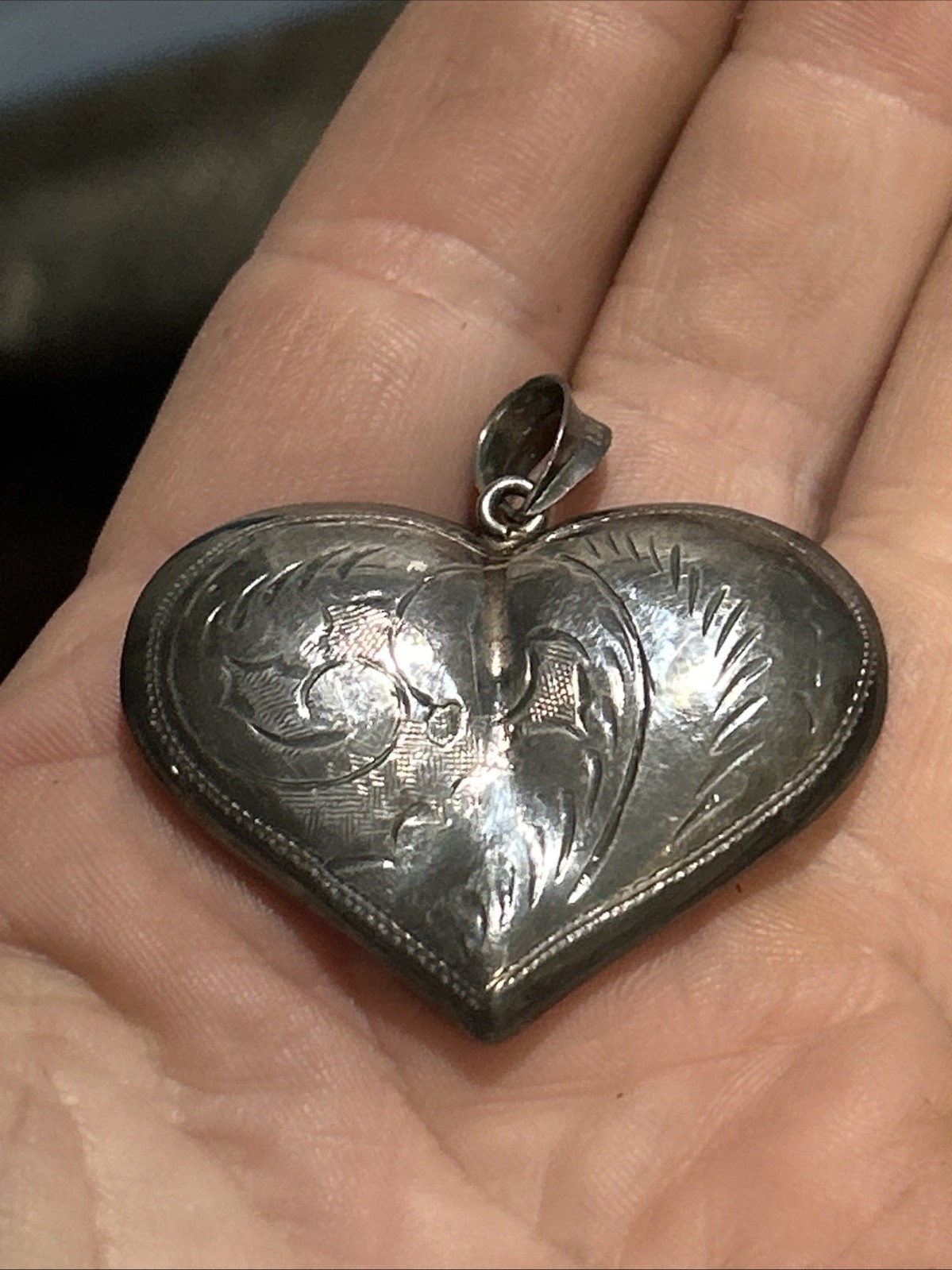 Antique Large Victorian Sterling Silver Puffy Heart Charm Pendant Early 1900’s