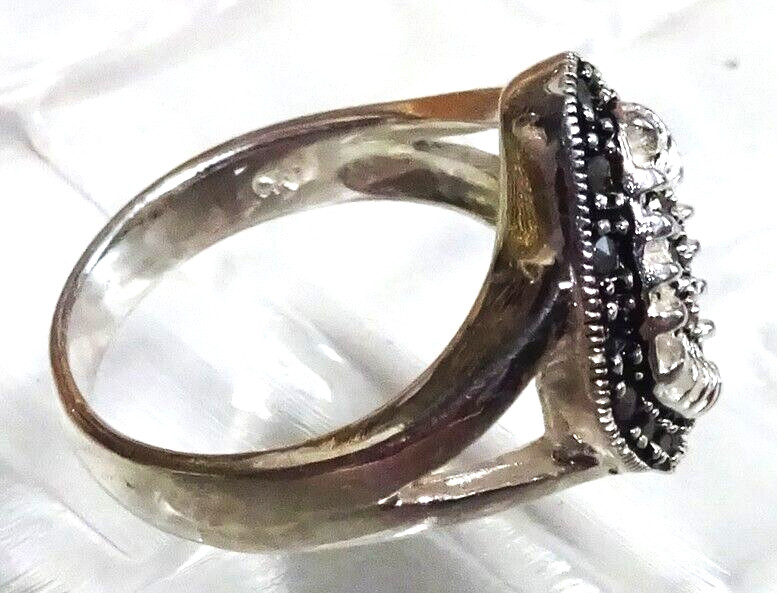 Vintage 925 Sterling Silver Black & White Design Marcasite Ring 6.5 Signed CW