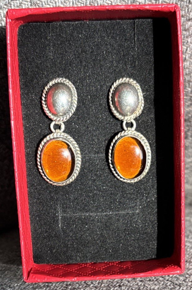 Vtg 925 Sterling Amber Cabochon 1-1/4” Dangle Drop Post Earrings Mexico 8g
