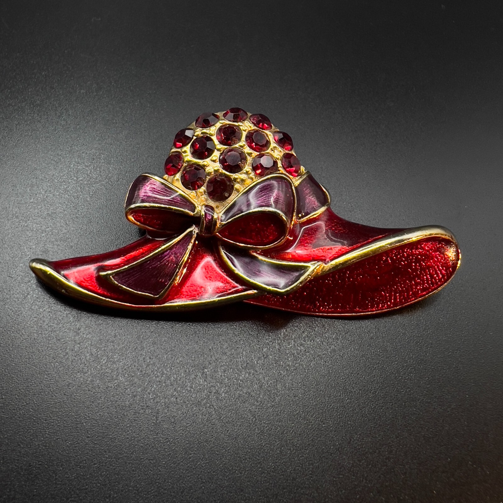 Vintage Red Hat Enamel Gold-Toned & Red Rhinestones Brooch Pin