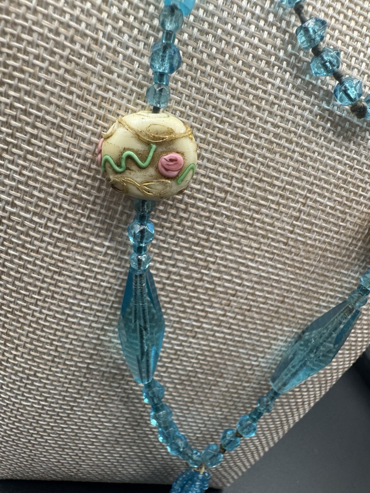 VTG Venetian Glass Wedding Cake & Blue Glass Beads Tassel Hand Knot Necklace 32″