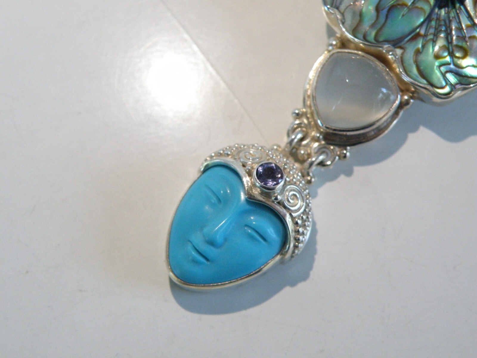 Sajen Sterling Silver 925 Large Carved Turquoise Goddess Brooch Pin Pendant