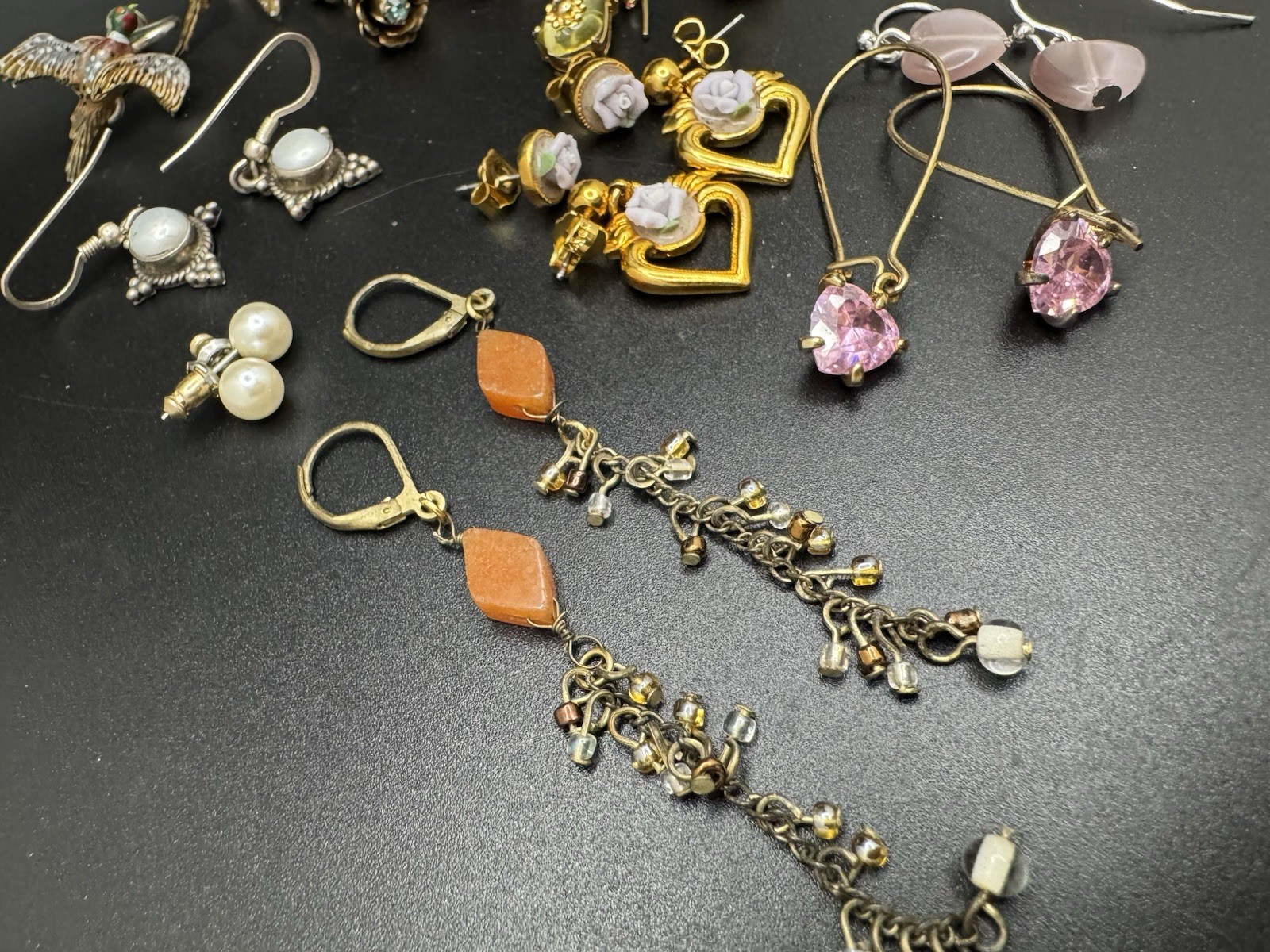 Vintage Earrings Lot 17 Pairs Avon Cameo Heart Dangle Rose Bird Mixed Styles