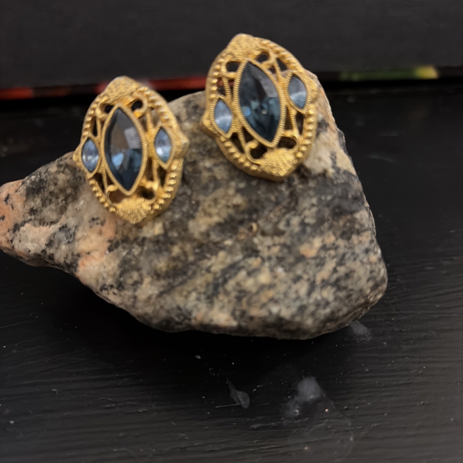 1928 Brand Pretty Filigree Pierced Earrings with Sky Blue Accents-Vintage