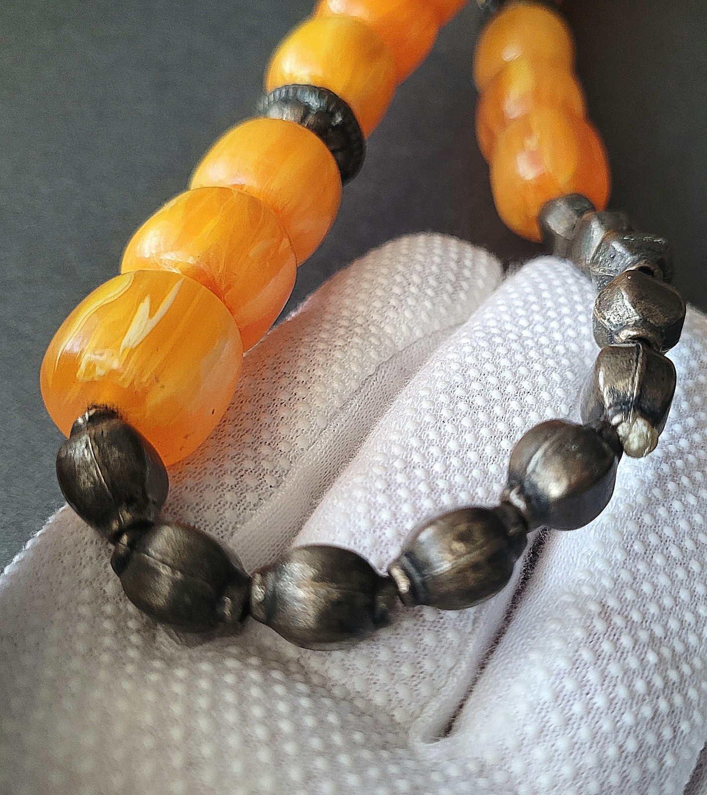 Vtg Pressed Amber Resin ? Prayer Beads Necklace Silverplate Pendant Moroccan