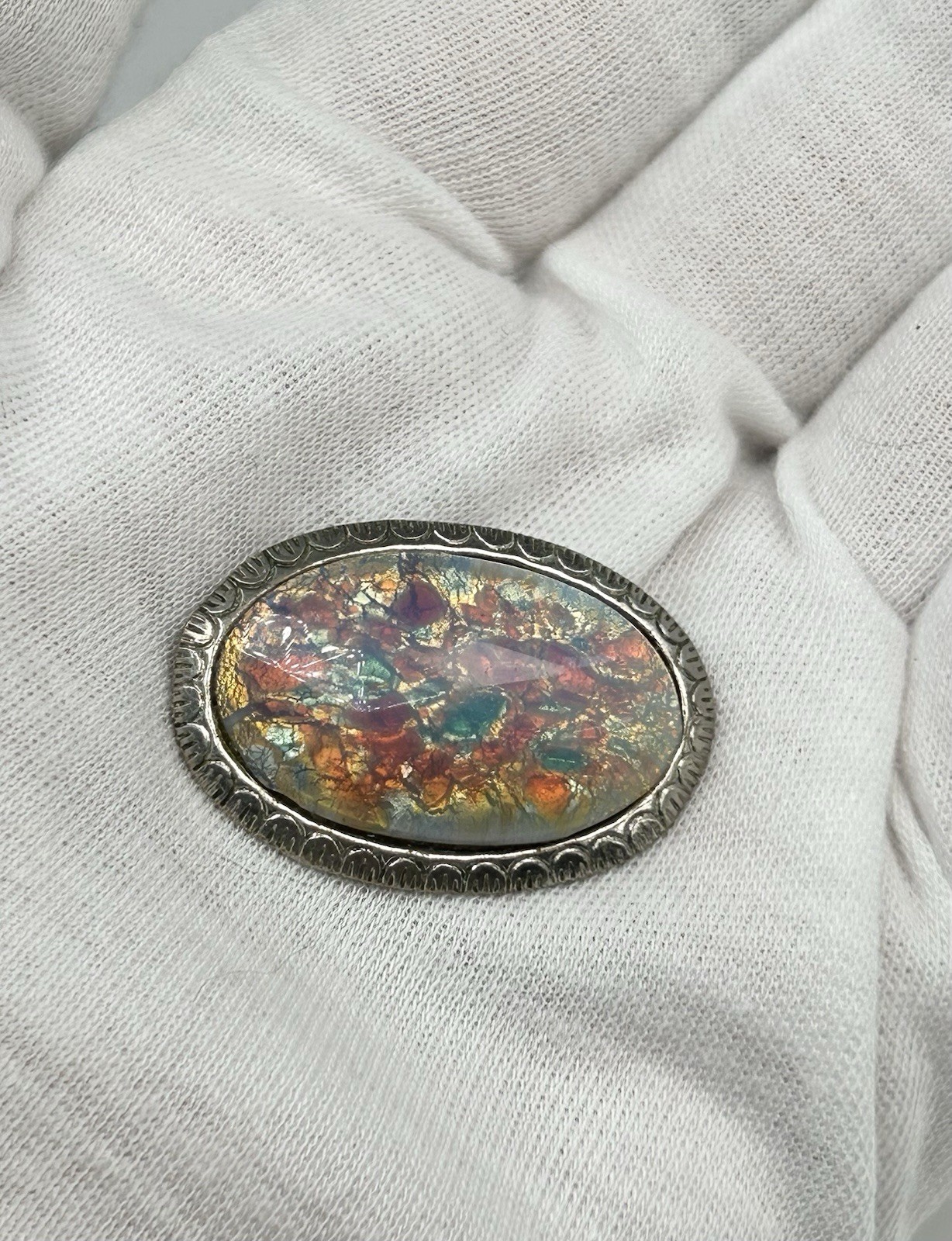 Antique Sterling Silver Oval Glass Cabochon Faux Fire Opal Brooch Victorian