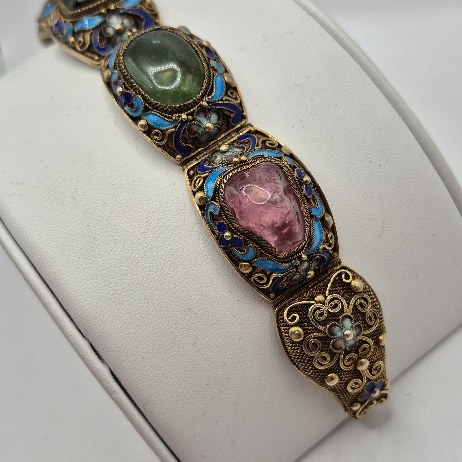 Vintage Silver W/ Gold Wash Chinese Export Tourmaline Enamel Filigree Bracelet