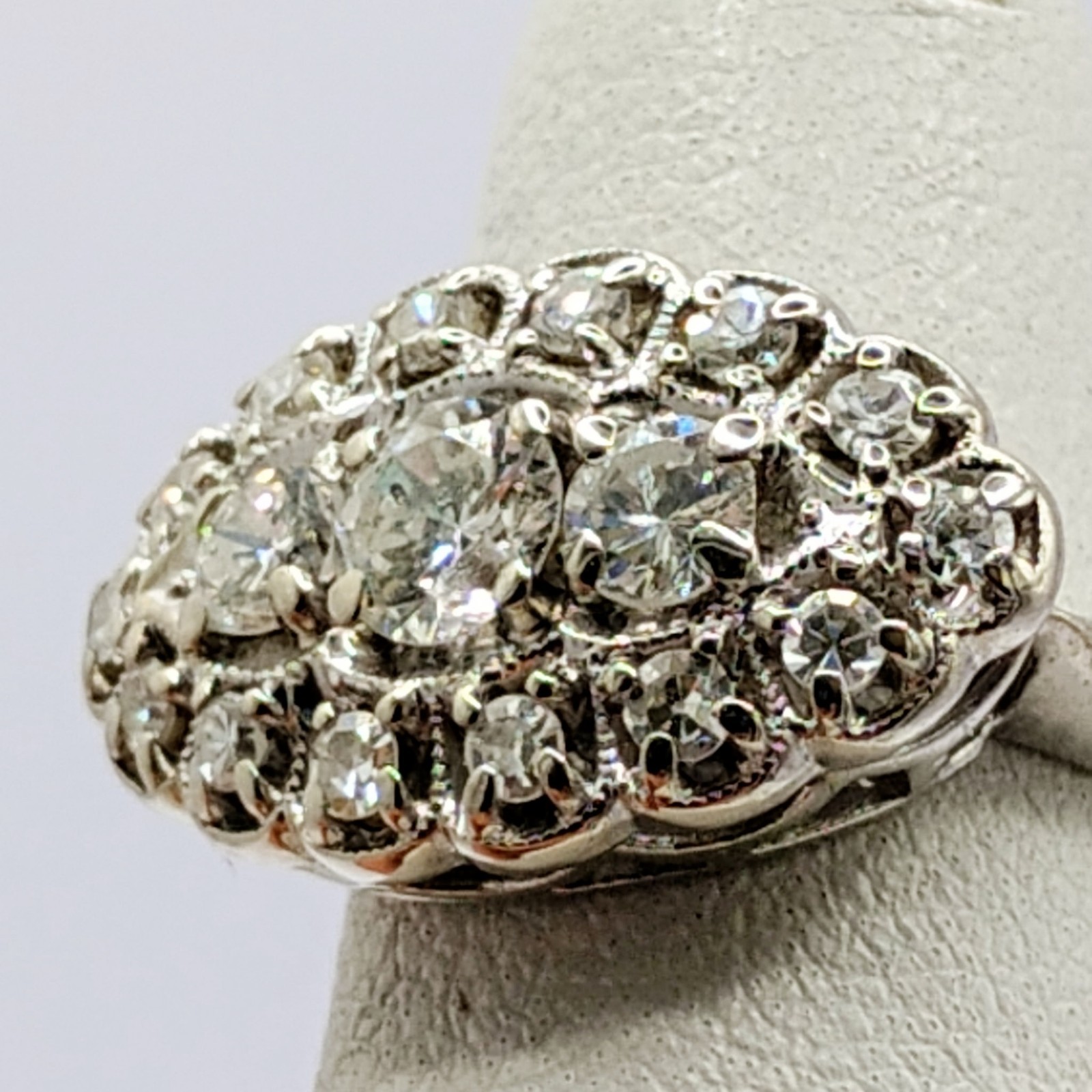 $7,500 1.00ctw ANTIQUE 3-STONE HALO WOMANS 14K WHITE GOLD THREE ROW DIAMOND RING