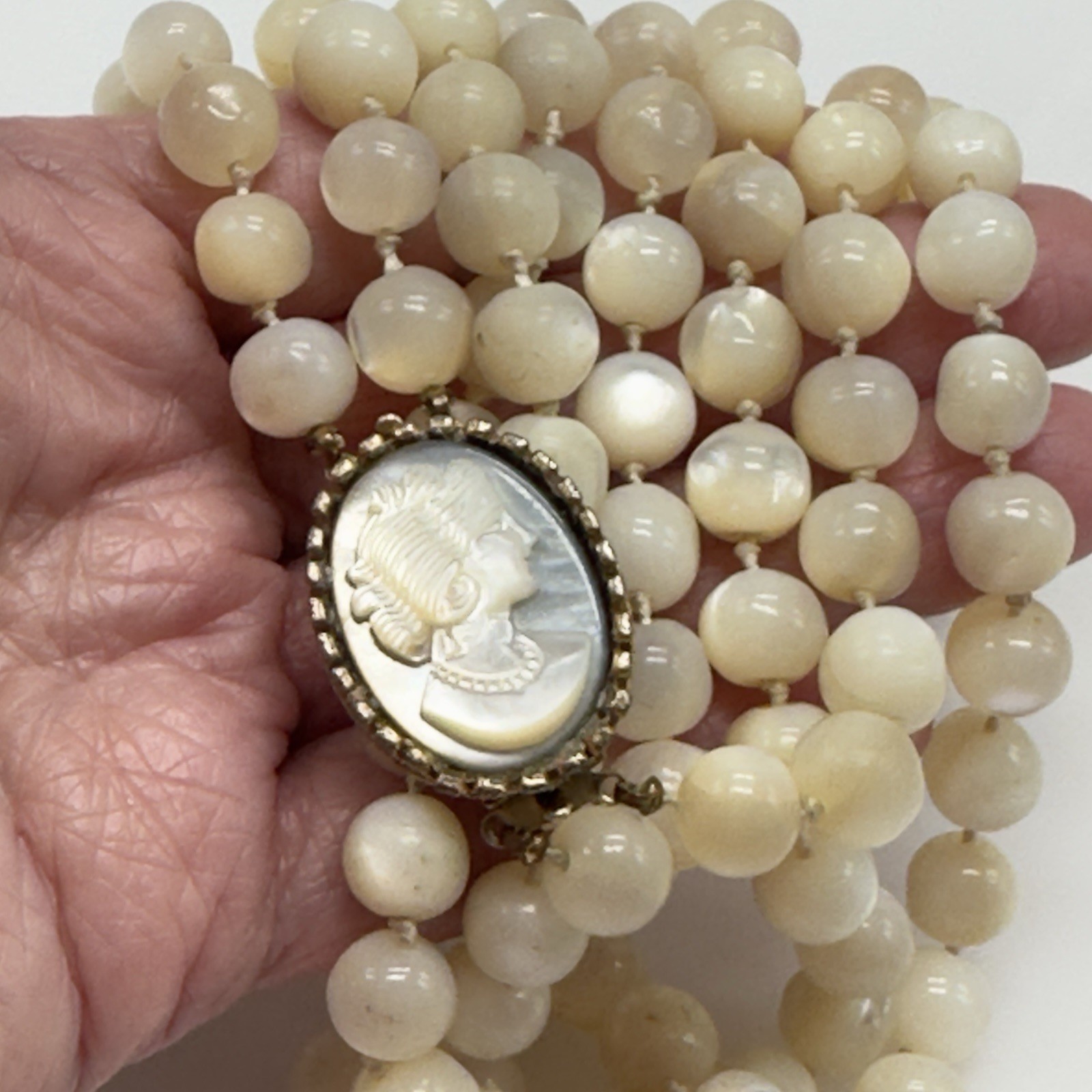 Vintage Mother of Pearl Cameo Clasp MOP Beaded Necklace Double Strand 8mm