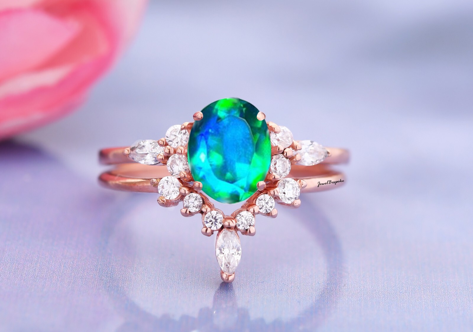 Oval Cut Peacock Quartz Engagement Ring Set 2 Pcs 14K Gold Plated Ring Gifts