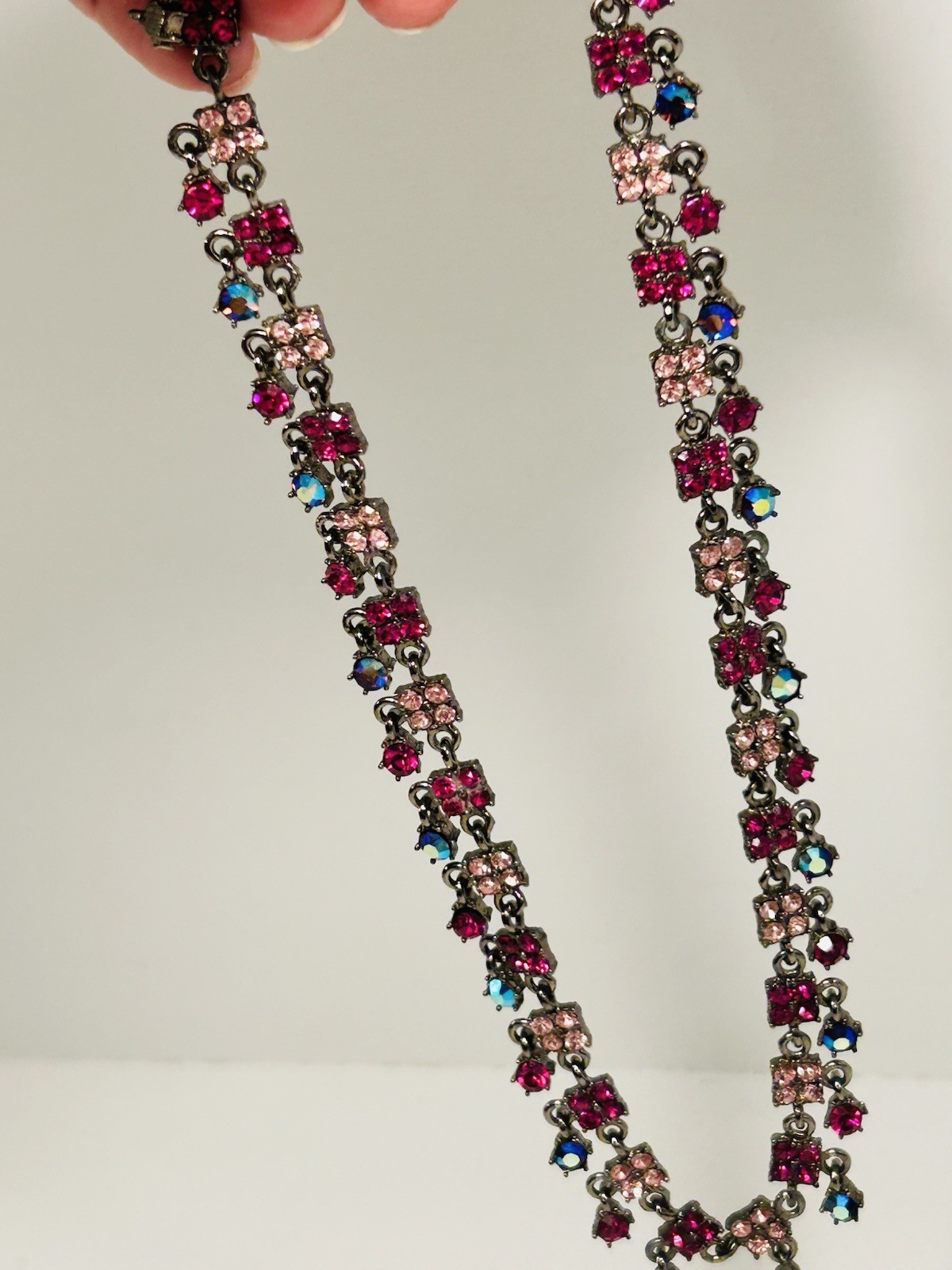 Gunmetal Rhinestone Statement Necklace Pink Fuchsia Fringe Vintage Style