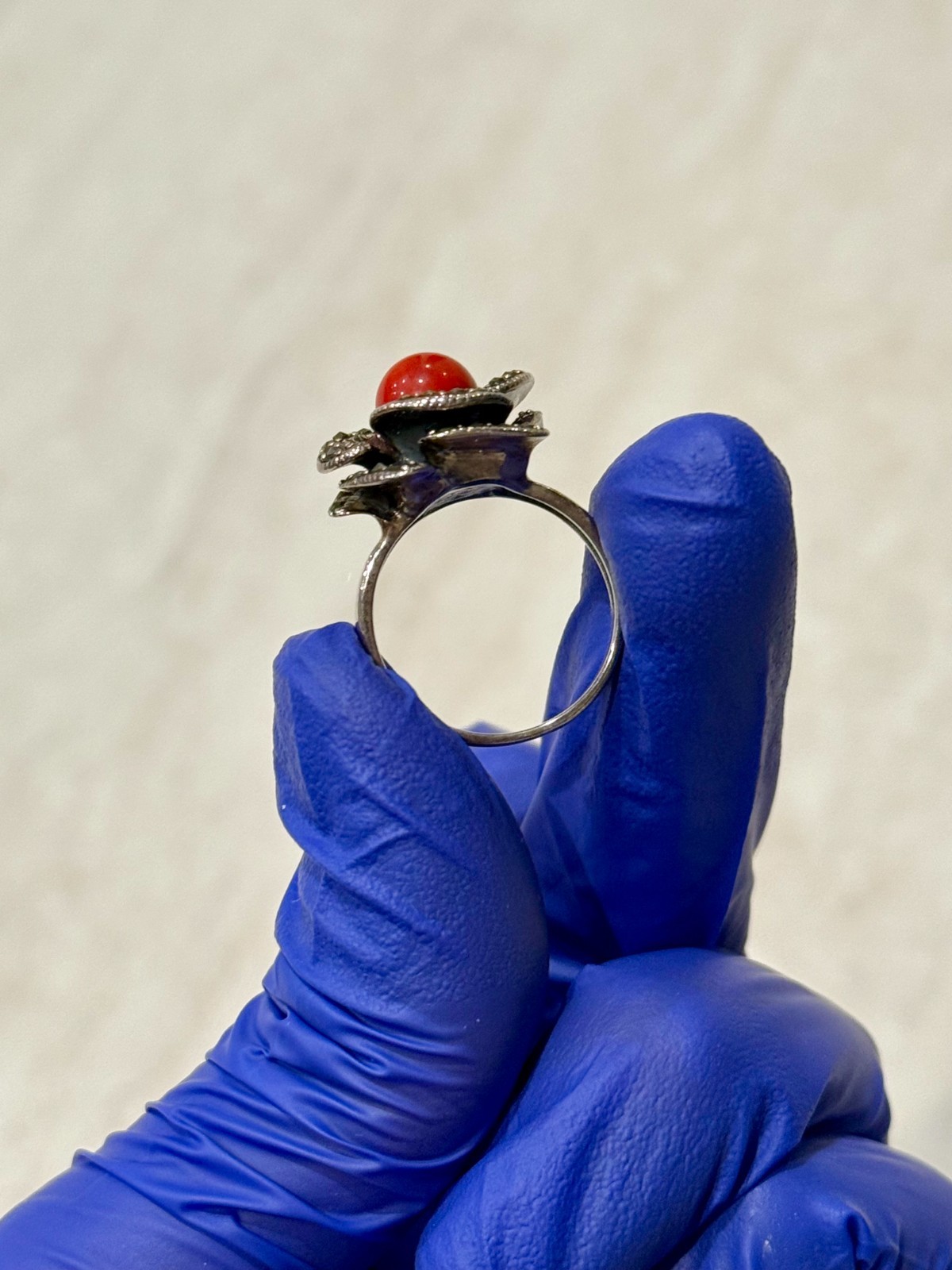 VTG Flower Ring Size 8 Sterling Silver Rose Red Coral Marcasite Gem Cocktail