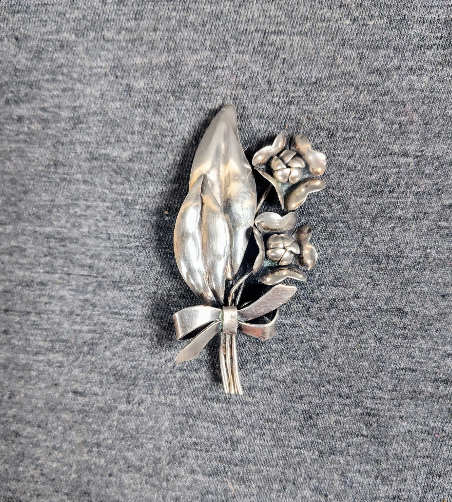 Vintage Mid Century Sterling Silver Handmade Floral Bow Bouquet Brooch Pin