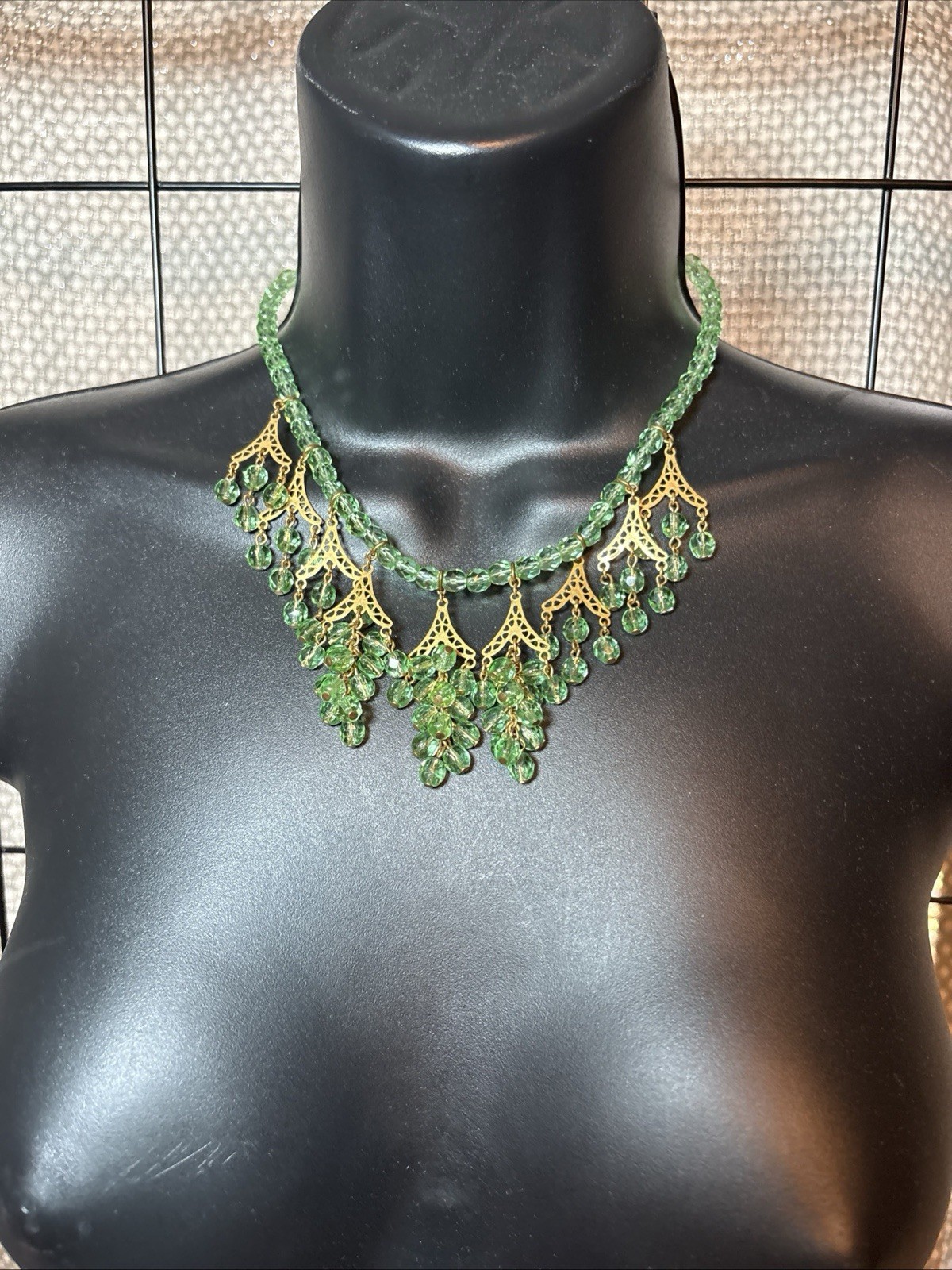 Vintage MIRIAM HASKELL Green Faceted Bead Fringe Adjustable Necklace