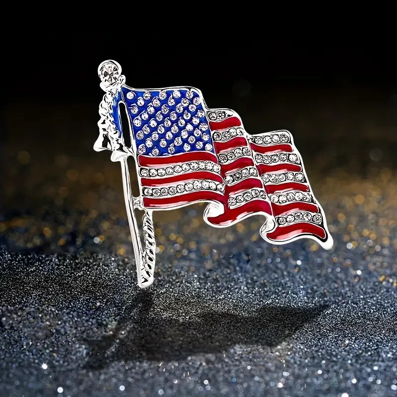 American Flag Brooch Rhinestone USA Jewelry Rhinestone Silver Plated Brooch