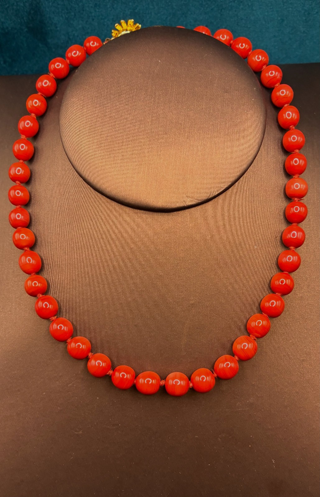Vintage Glass Beaded Necklace Red Hand Knotted Decorative Clasp 15″