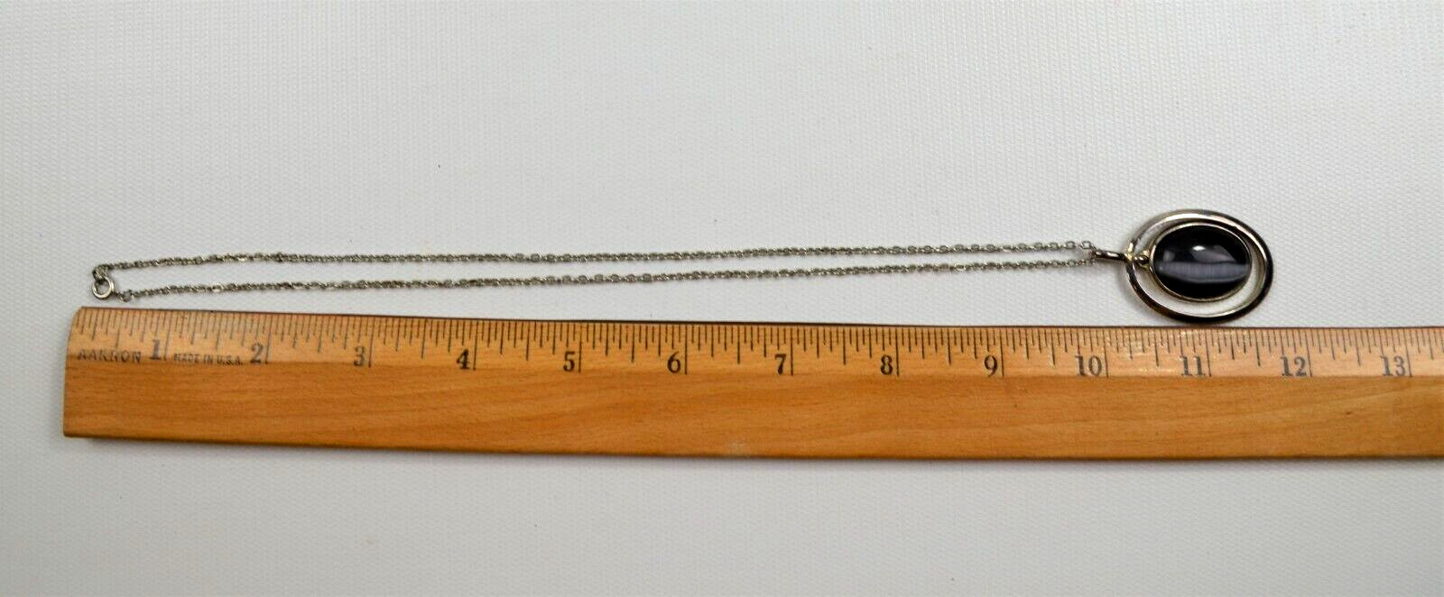 Vintage Silver Toned Metal Necklace and Oval Pendant w/ Dangling Gray Stone 12″