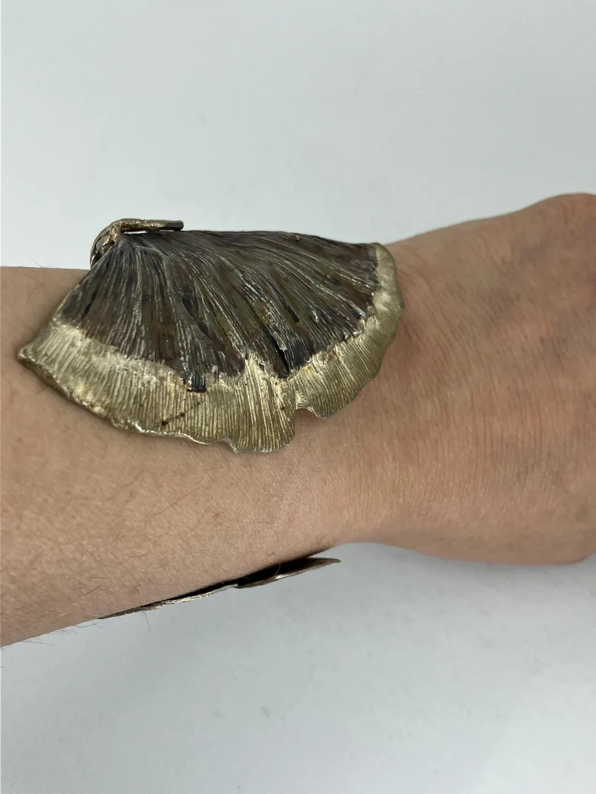 Vintage Sterling Silver Ginkgo Bracelet Artisan Cuff Chunky Statement Tested 44g