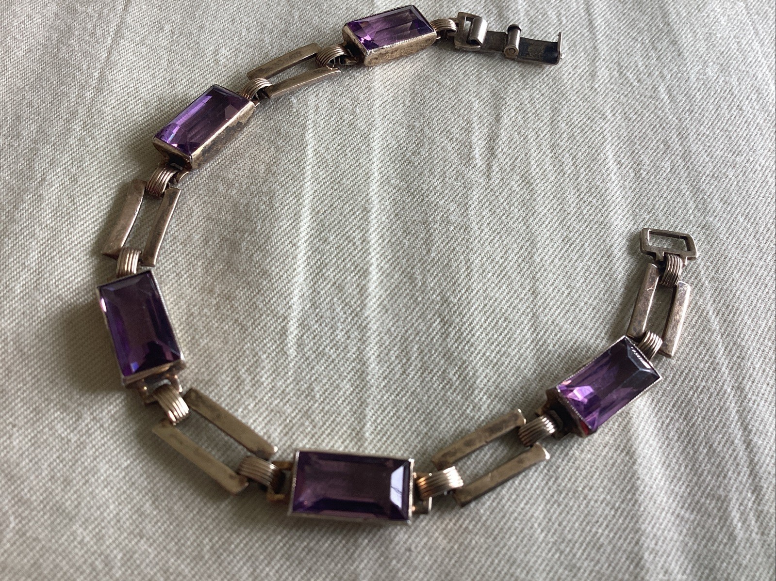Vintage Sterling Silver 14 K Gold Purple Glass Line Bracelet 7.25”