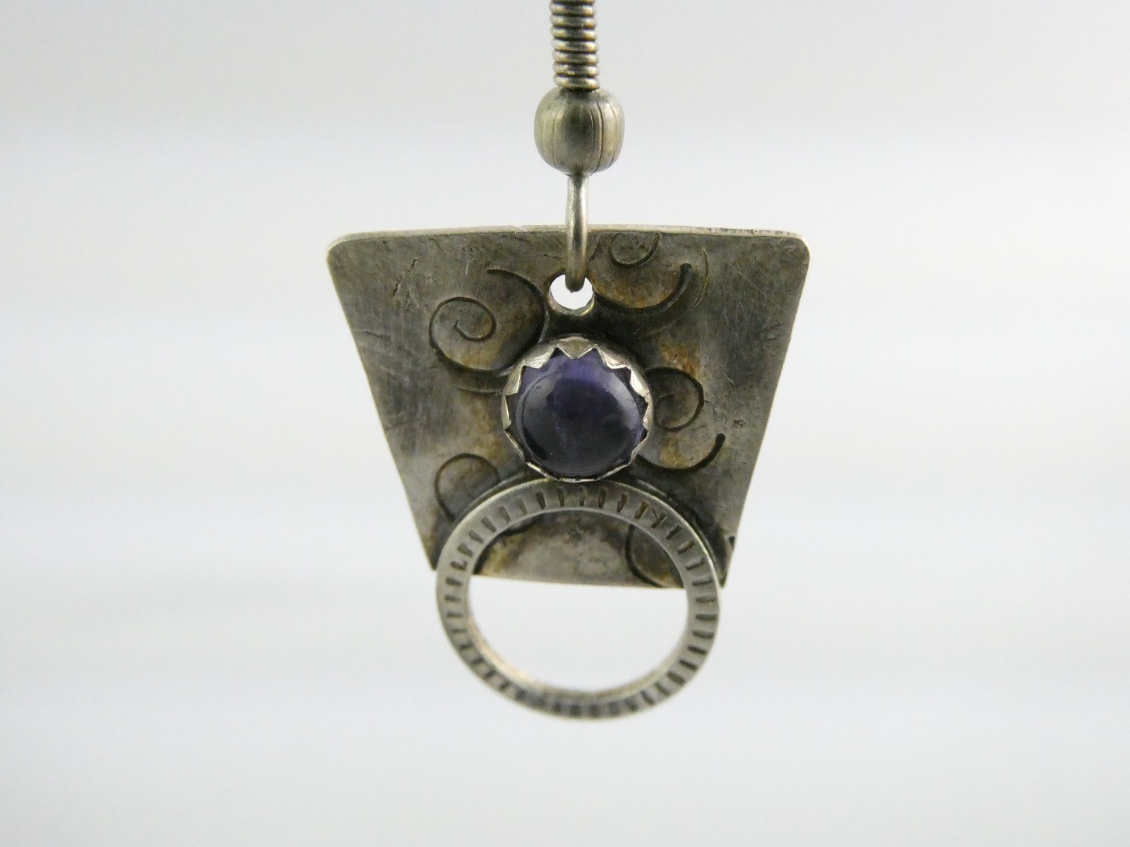 Vintage Sterling Silver Artisan Mixed Metals Iolite Hook Earrings 4.3g 1.25 Inch