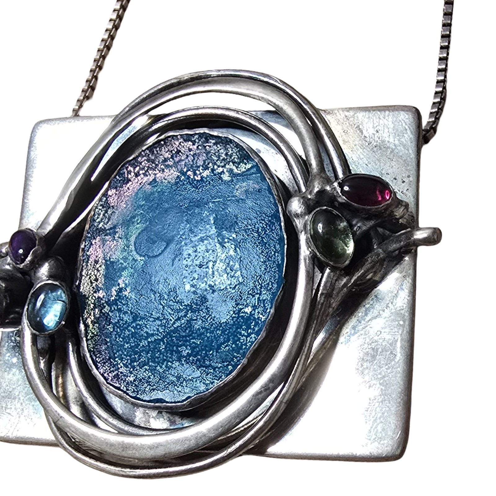 Large Mid-century Modern Signed 925 Roman Glass Necklace With Accent Stones 44g