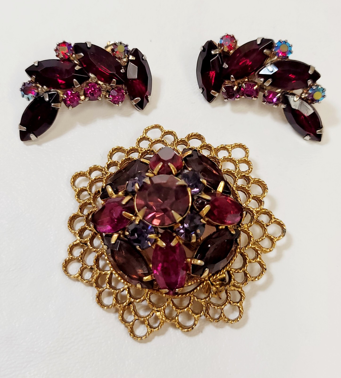 Vintage Fuschia Pink Purple Red Rhinestone Brooch & Earrings Floral Filigree