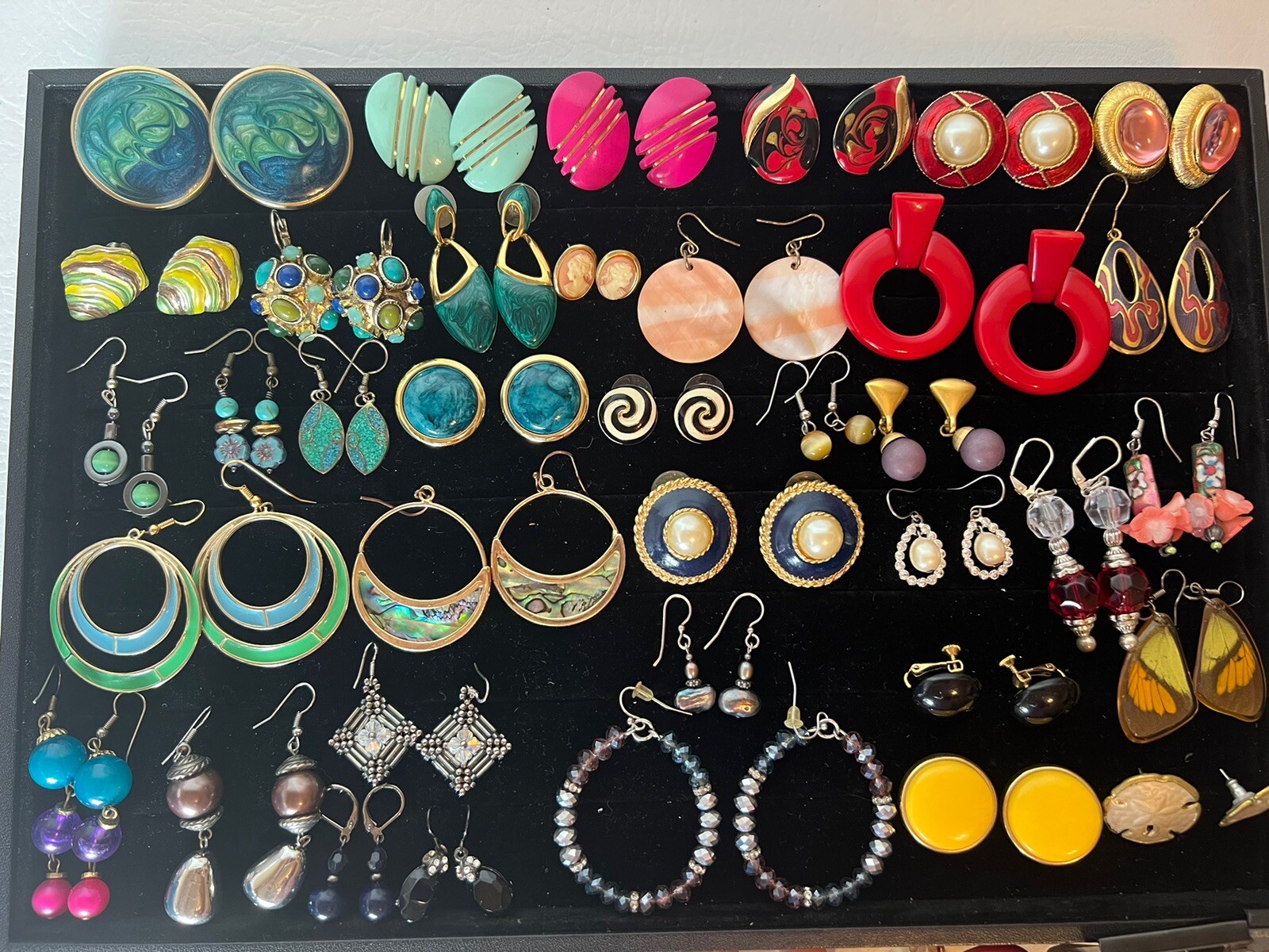Lot Of Vintage Fashion Earrings 47 Pairs Of Drop Dangle Pierced Enamel