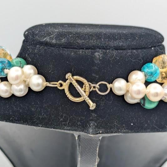 Vintage Turquoise Beaded Necklace Quartz Pearl Sterling Vermeil Multi Strand