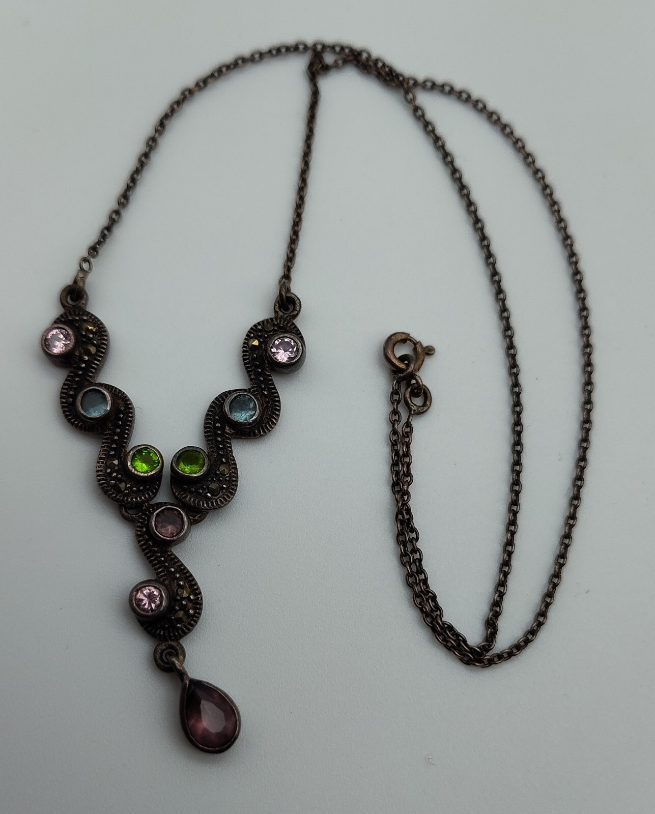Vintage Pink Purple Green Blue Stone Marcasite Sterling Pendant Necklace 925