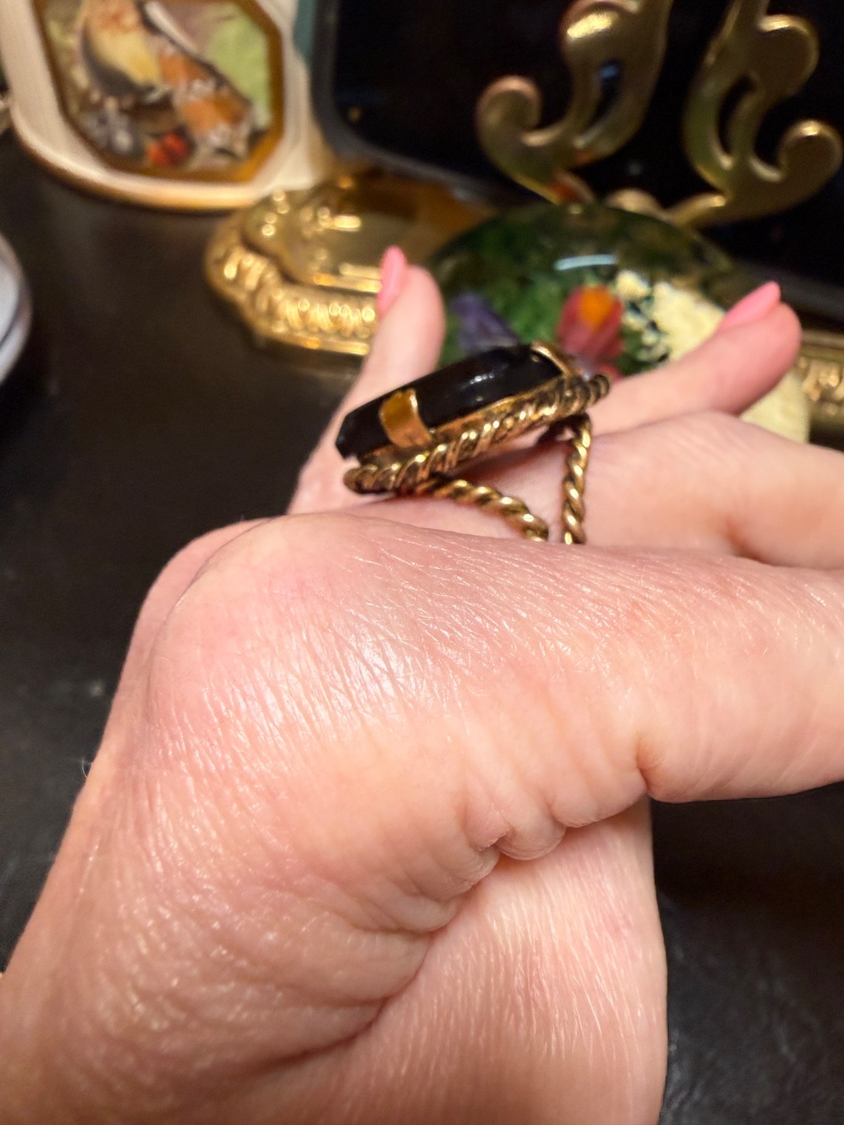Vintage West Germany Cocktail Ring Black Glass Runway Gold Tone Oversized