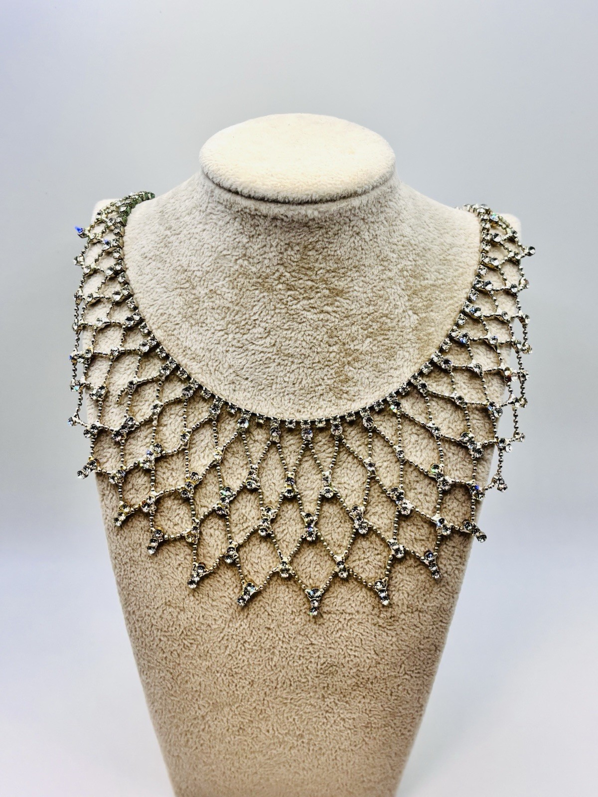 Vintage Rhinestone Bib Collar Necklace Silver Tone Drape Lattice Statement