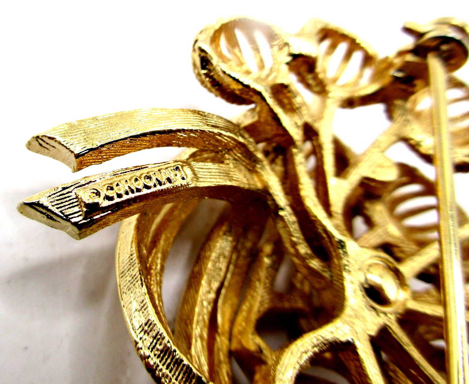 Vintage Signed Corocraft Gold-tone Domed Textured Bouquet Pin Brooch