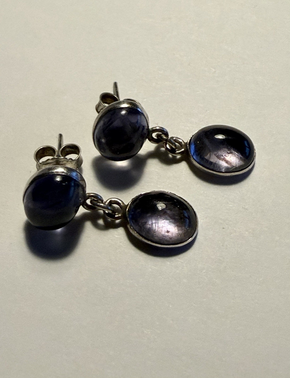 Lovely Vintage Sterling Oval Violet AAA+++ Iolite Bezel Set Drop Earrings 7/8”