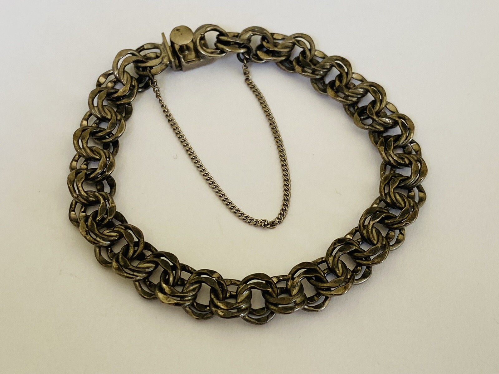 Vintage Signed sterling Silver Double Rolo Link Chain Charm Bracelet 19-Grams