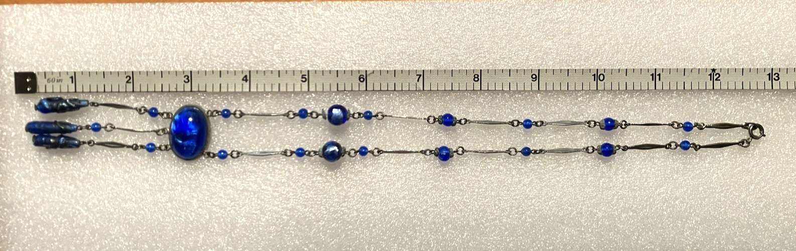 Vtg ART DECO CZECH blue foil GLASS drop pendant NECKLACE 3 “torpedo beads”