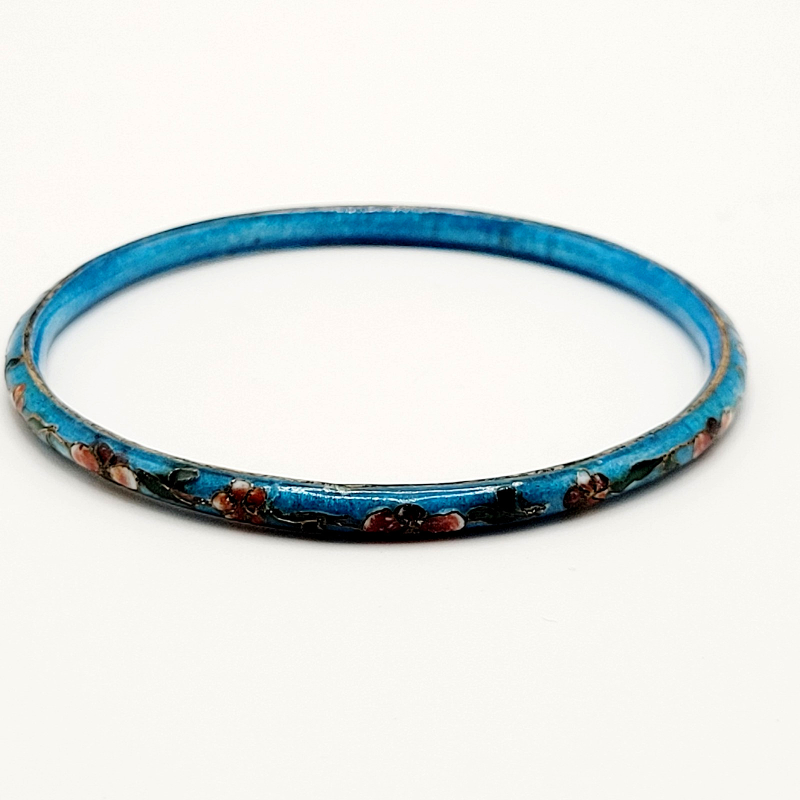 Cloisonné Light Blue Enamel Floral Hand Painted Asian Inspired Bangle Bracelet