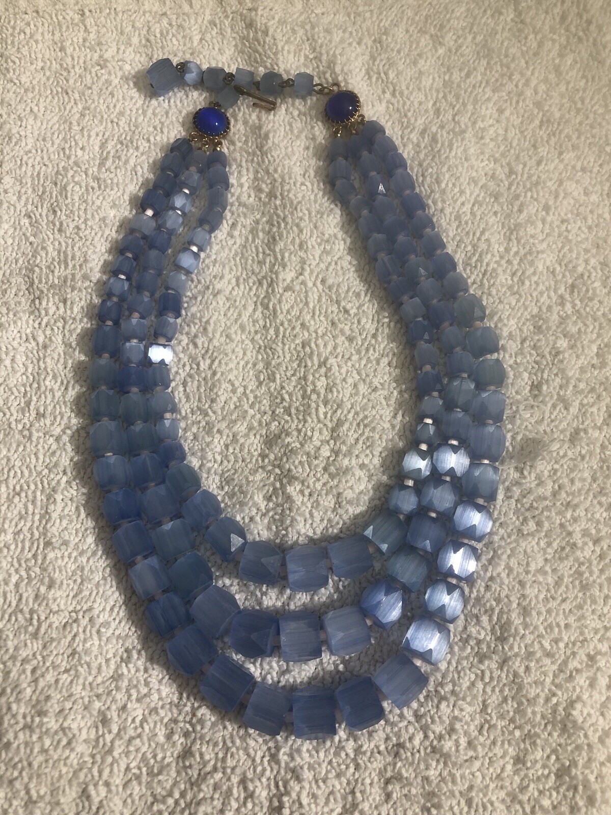 *Blue Glass Bead 3 Stranded Necklace Vintage
