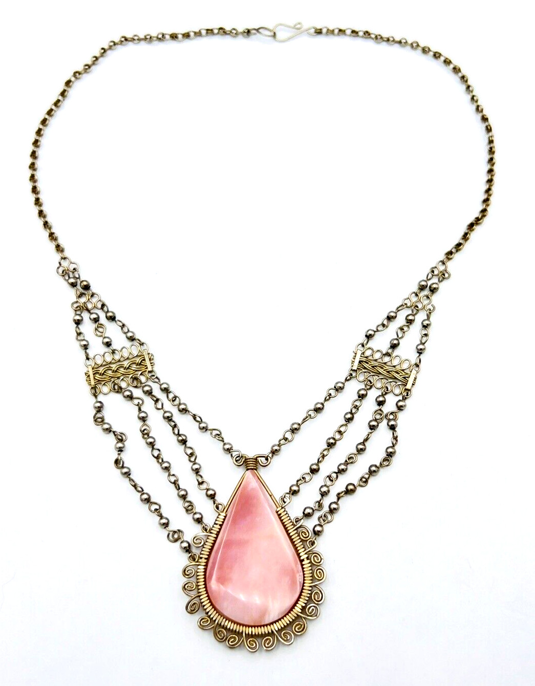 Vintage Silver Tone Pink Stone BOHO Collar Necklace