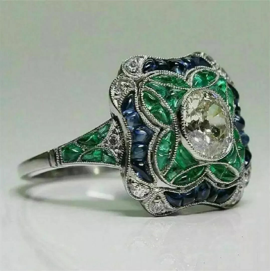 Art Deco Style Lab Created Diamond Emerald Engagement Ring 14k White Gold FN