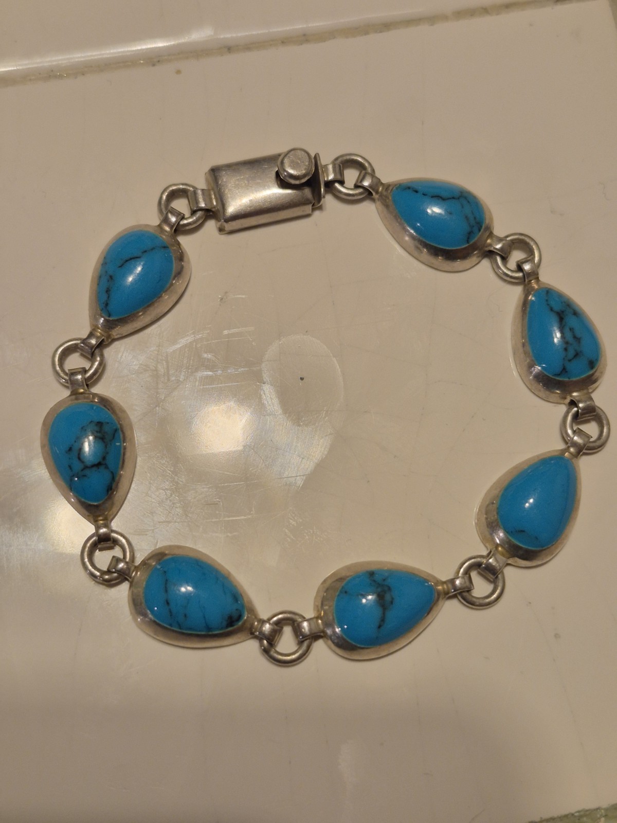 Vintage Sterling Silver 925 Faux Turquoise 7 3/4″ Bracelet Mexico…29 Grams