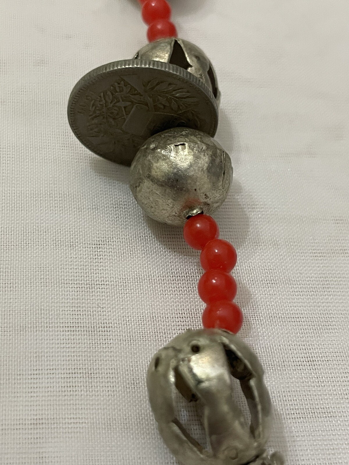 Vintage Guatemalan 26” Silver Coin Chachal Necklace With Red Glass Trade Beads