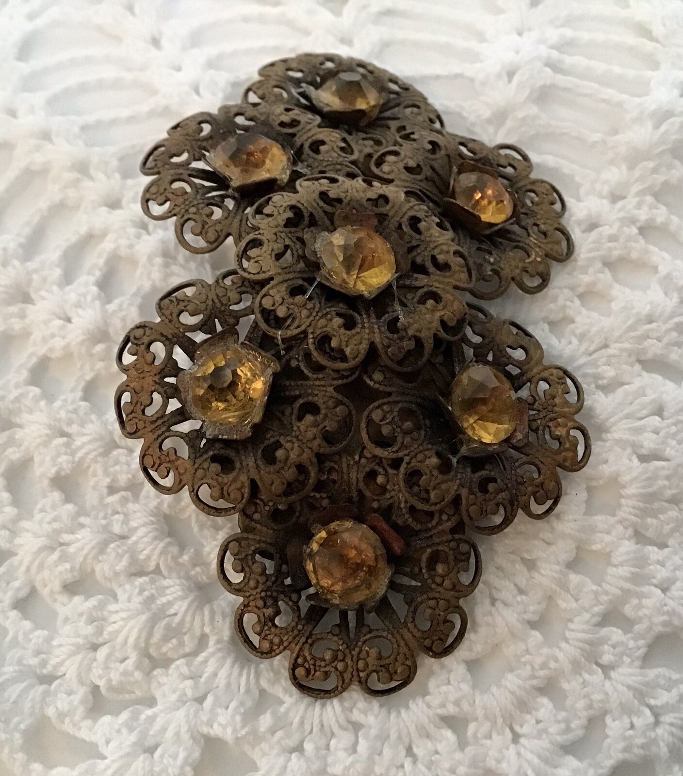 Antique Fillagree Gold Colored Metal Brooch 2 Amber Rhinestones 1/2” X 1 1/2”