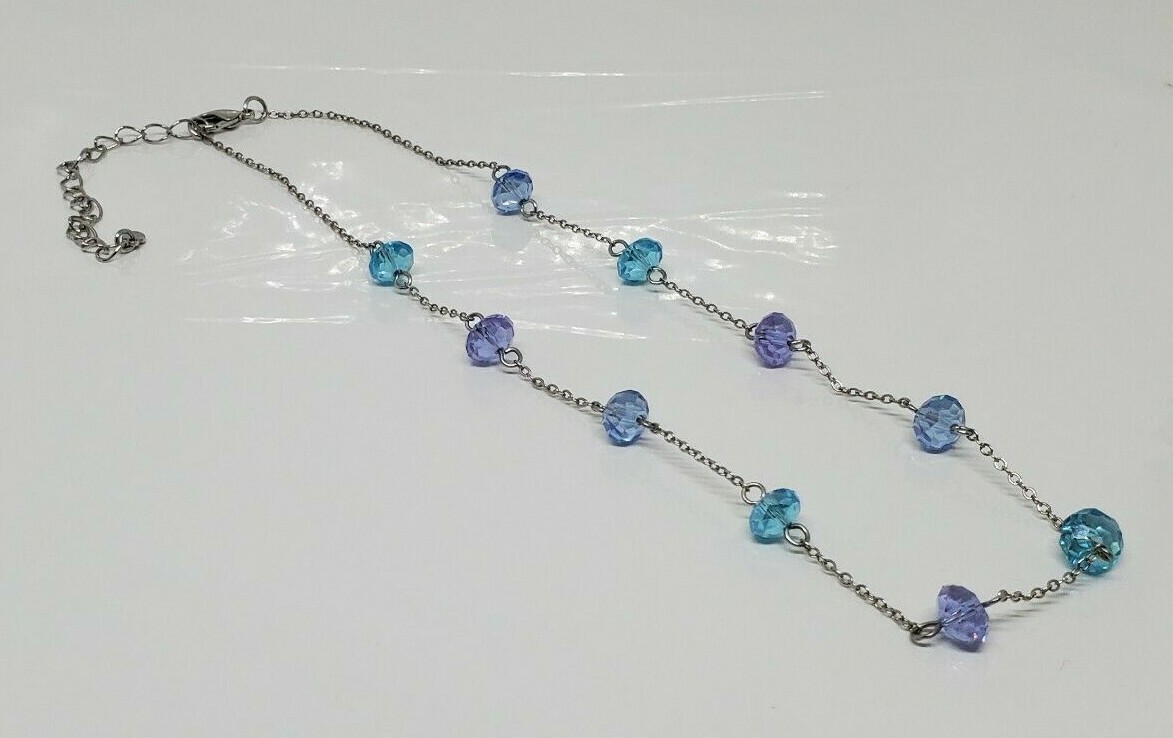 Vintage Beaded Purple Blue Necklace Rhinestone Silver Tone 18″ Adj