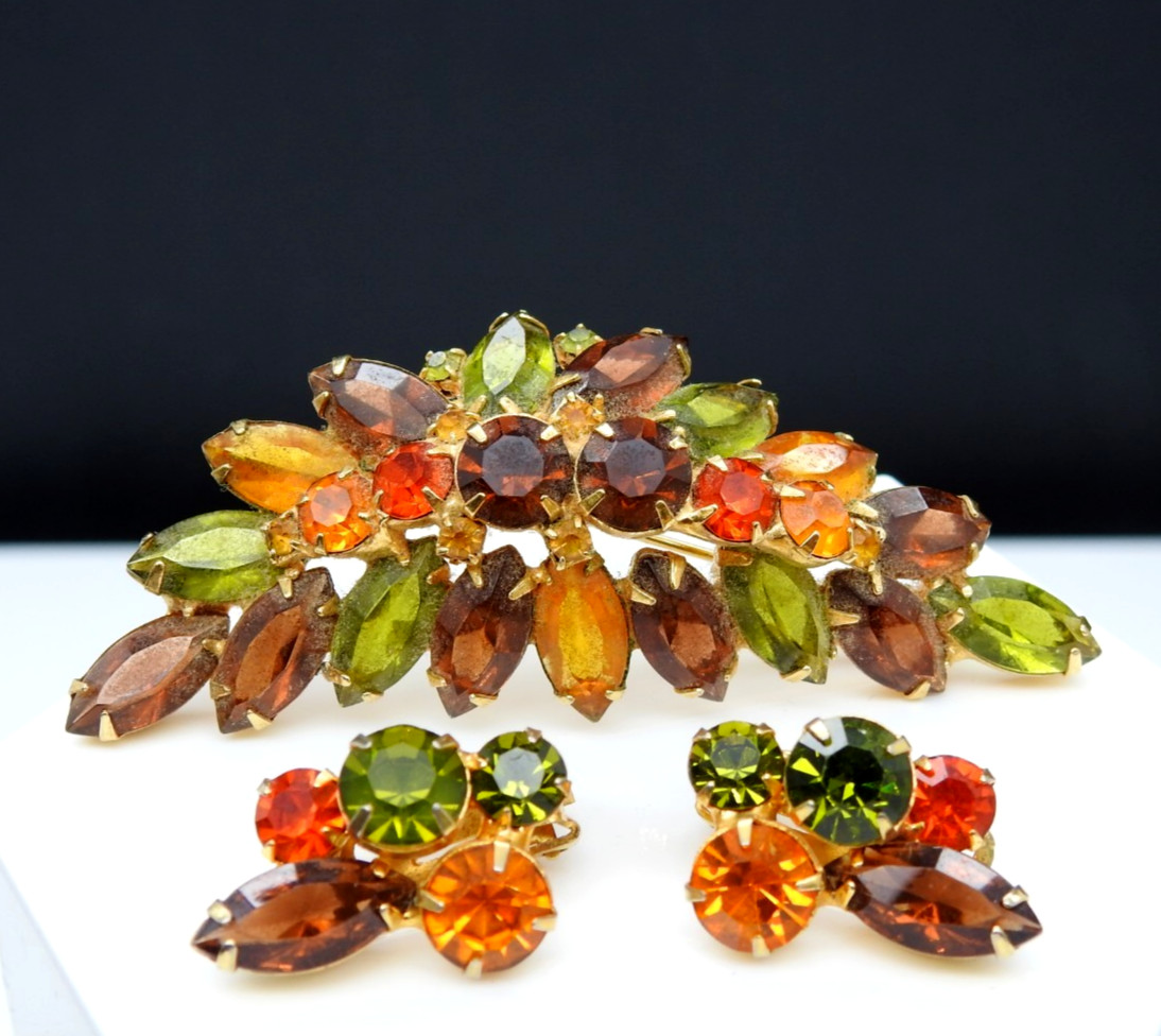 Juliana Rhinestone Brooch Clip Earrings Set Fall Colors Demi Parure Vintage