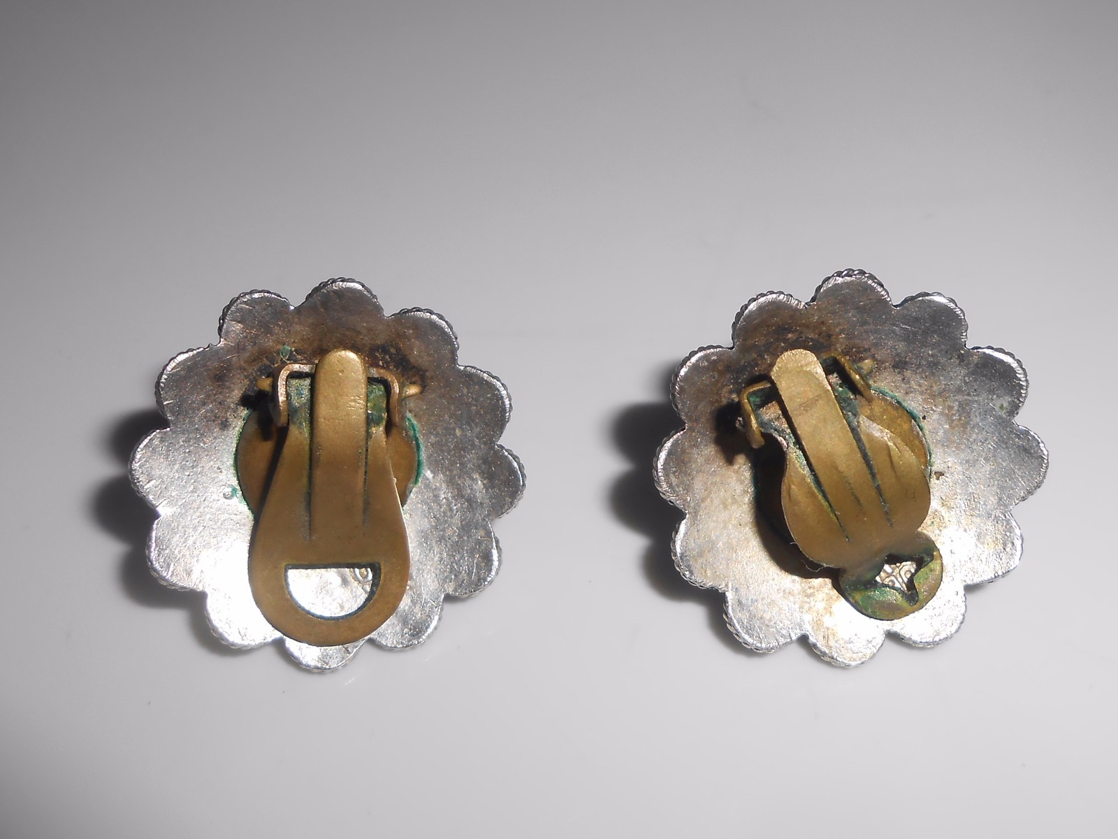 Cannetille Earrings Turquoise Glass 900 Silver Clip Backs Marked YT Antique