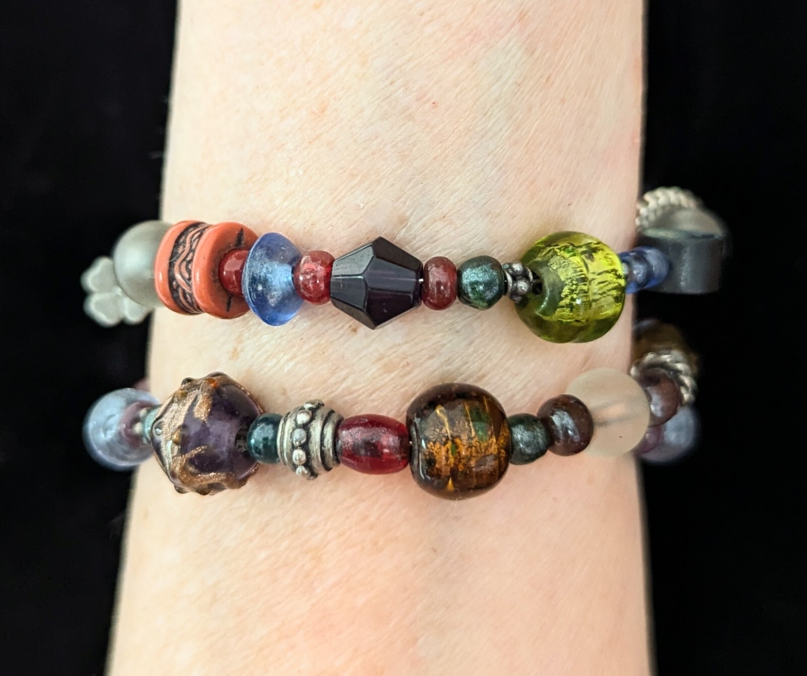 Vintage Art Glass Beaded Cuff Bangle Bracelet Multi Strand Memory Wire
